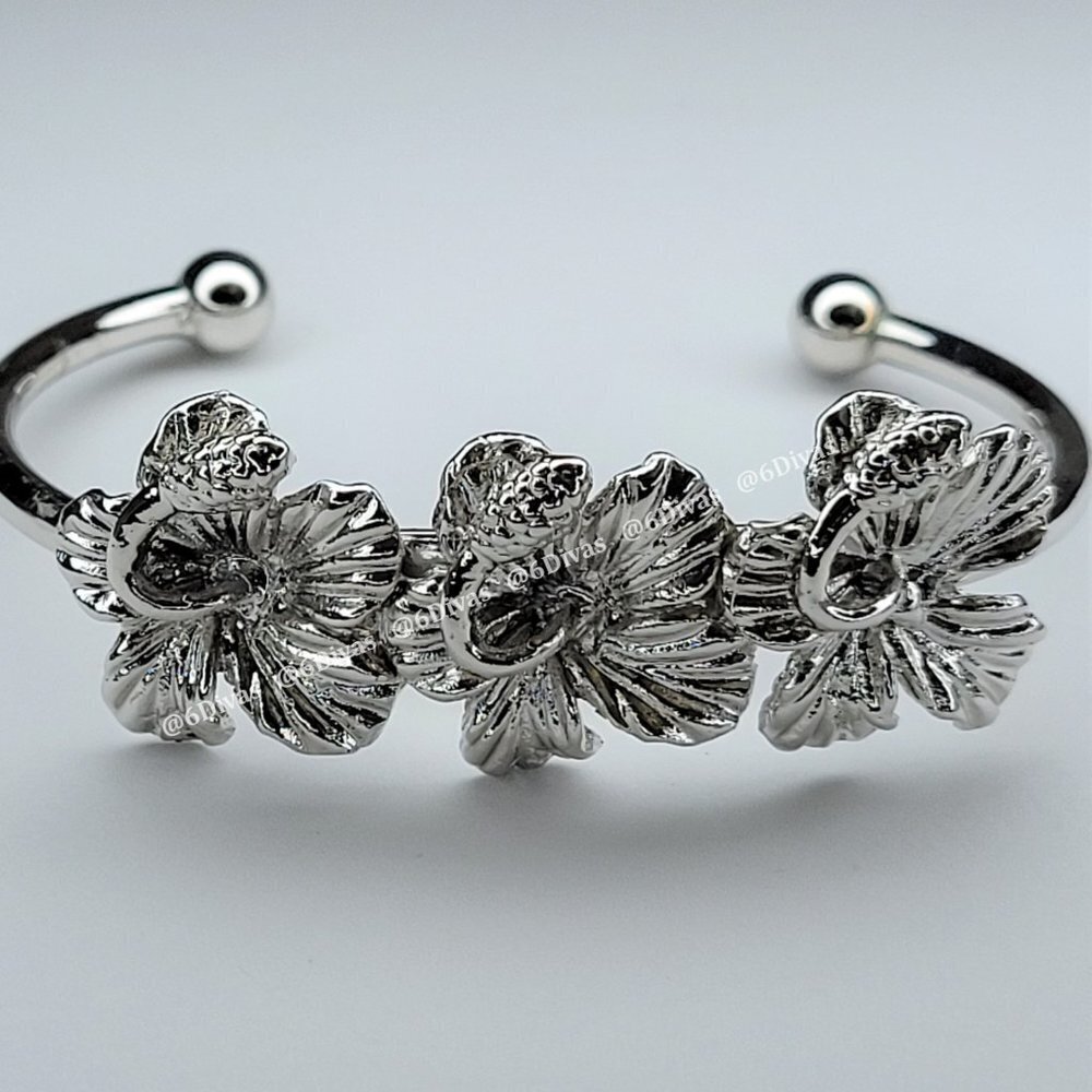 Rhodium Plated Hibiscus Cuff Bangle Bracelet